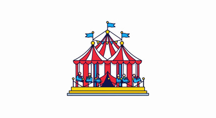Fototapeta premium Colorful striped circus tent with flags and seating.