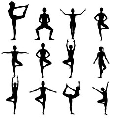 Set of 9 icon silhouette Black separate people do fitness silhouette isolated vector on white background. 
