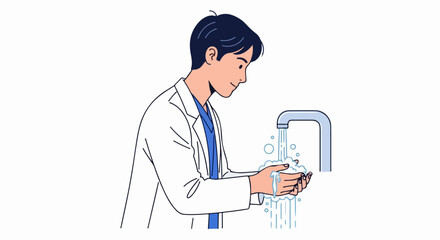 Man in Lab Coat Washing Hands at Faucet.