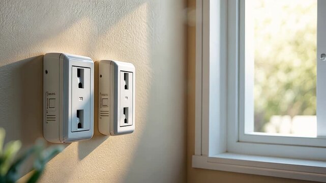 Close up of modern electrical wall outlet with bright natural daylight from nearby window in residential home