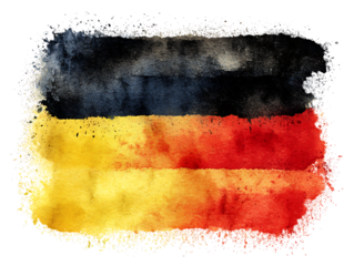 Abstract watercolor painted flag of Belgium with black, yellow, and red stripes on white background.