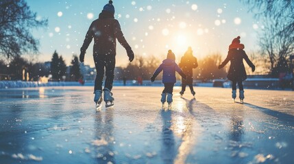 Family enjoying winter ice skating outdoors.