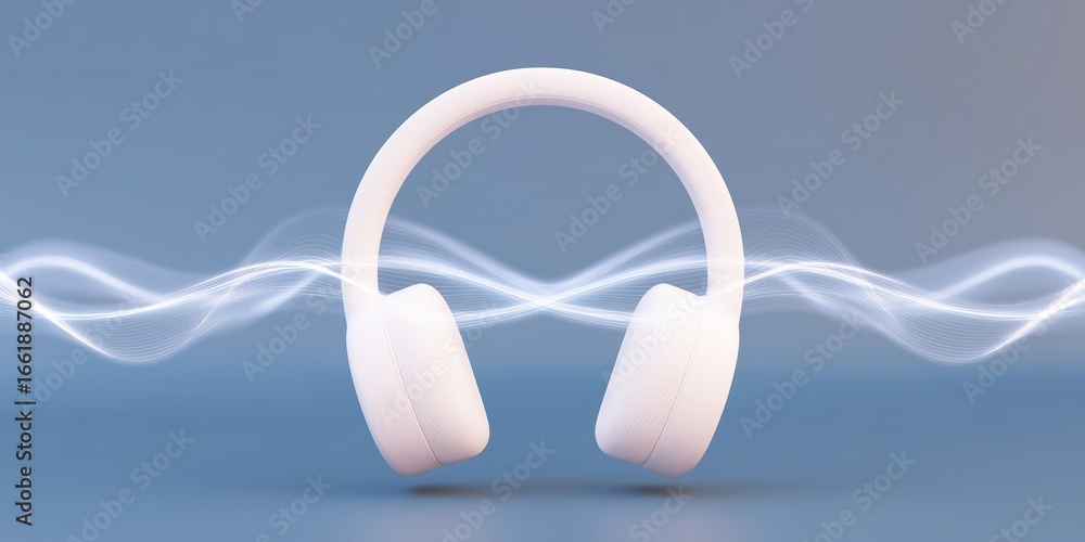 Poster white wireless headphones with sound waves emanating from them, set against a soft gradient backgrou