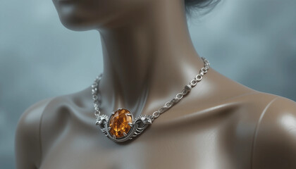 Sophisticated amber and silver necklace showcased on a mannequin with a dramatic background
