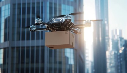 metal quadcopter delivery drone in sharp focus, flying in front of a bright, sunlit urban background - Powered by Adobe