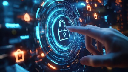 Hand interacting with digital padlock on circular display