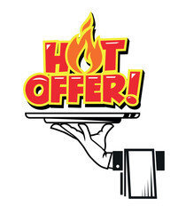 Hot offer with flame. Waiter hand holding cloche serving plate with hot offer. Vector icon on transparent background 