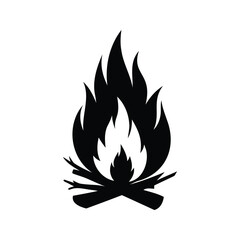Simple Black and White Campfire Graphic with Burning Wood and Flames, campfire flame icon silhouette vector illustration