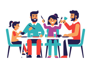 Family Meal Illustration: A cheerful vector illustration of a family gathered around a table, enjoying a meal together in a colorful and modern design.
