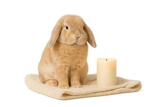Lop-Eared Bunny in Safe Corner with Blanket and Candle &ndash; Calming Lop-Eared Bunny Safe Corner Scene. PNG die-cut for Self-Care and Wellness Art. Isolated on transparent background.