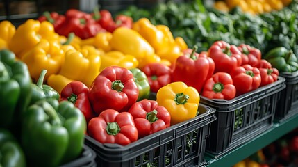 Colorful bell peppers in crates