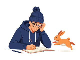 Creative Writing with a Friend: A young individual diligently composes notes with a writing utensil in a notebook. Beside him, a playful animated bunny bounds with joy in the background.