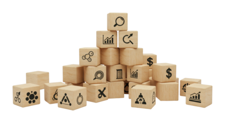 Analysis of business strategies using iconic blocks office setting digital content professional environment top-down perspective isolated PNG