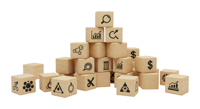 Analysis of business strategies using iconic blocks office setting digital content professional environment top-down perspective isolated PNG