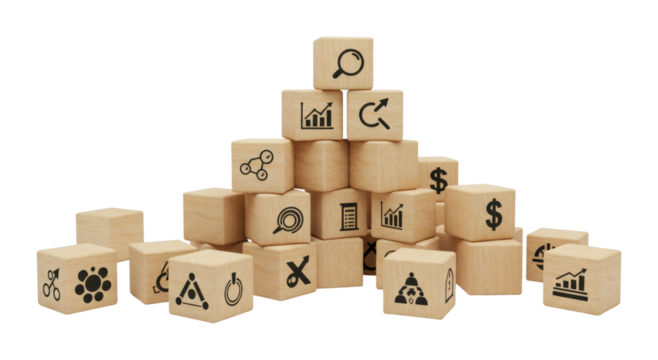 Analysis of business strategies using iconic blocks office setting digital content professional environment top-down perspective isolated PNG