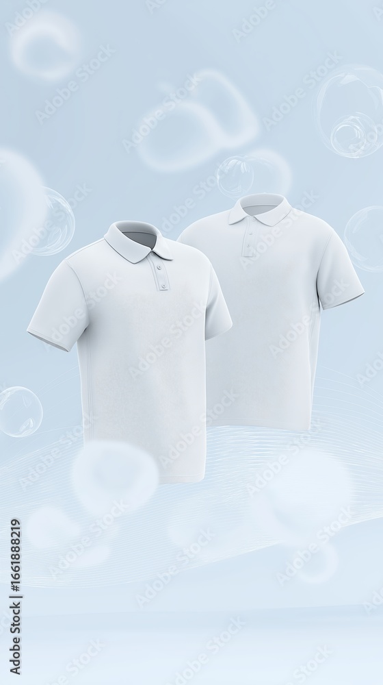 Poster two white polo shirts displayed in a soft gradient background with bubbles, showcasing a clean and m