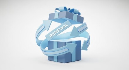 Stylized 3D rendering of a gift box surrounded by arrows indicating renewal concept