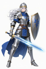 Fototapeta premium Valiant Silver Knight Woman with Glowing Sword and Shield