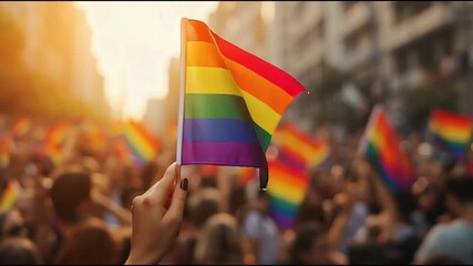 Pride Parade: A vibrant rainbow flag waves proudly amidst a crowd of people during a joyous pride parade, symbolizing love, equality, and the celebration of diversity. - Powered by Adobe