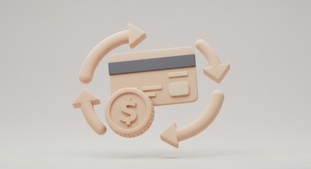 Stylized credit card and coin with revolving arrows representing financial transactions
