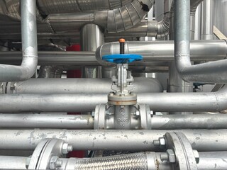 The image shows a central valve with a blue handwheel within a dense, complex system of...