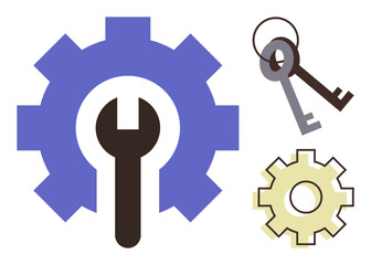 Wrench embedded in gear, set next to smaller gear and old-fashioned keys. Ideal for maintenance, tools, repair, security, solutions, customization, and technology concepts in a simple flat metaphor