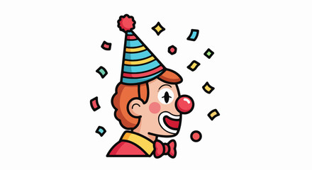 Cartoon clown head with striped party hat, red nose, and confetti.
