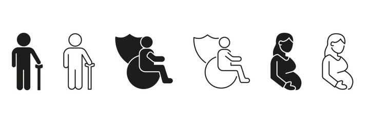 Elderly, Disabled, And Pregnant People Line And Solid Icon Set. Accessibility, Protection, And Maternity Care Symbol Collection. Inclusive Design And Support. Isolated Vector Illustration