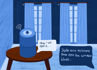 Voice Assistant Home Automation: A sleek voice assistant device, centrally positioned on a circular wooden table, facilitates the remote opening of window blinds.