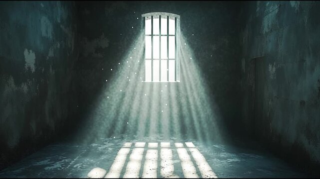 Solitary Confinement: A single barred window casts a ray of light into a dark, damp prison cell, symbolizing hope amidst despair.