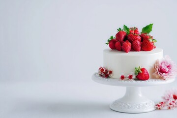A simple white cake adorned with fresh strawberries and delicate pink flowers sits on a white cake stand against a light gray background