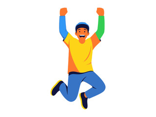 Joyful Leap: A vibrant illustration depicts a man leaping with unbridled joy and exuberance, a symbol of freedom and achievement against a minimalist backdrop.