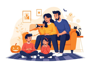 Family Halloween Storytime: A cozy scene unfolds as a family gathers to share spooky stories during Halloween season, enhanced by a playful ghost and jack-o'-lantern.