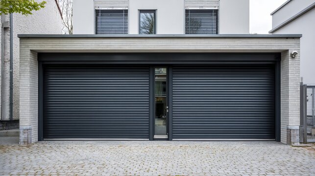 Modern garage with sleek black rolling shutters and a minimalist design, creating a stylish urban exterior.