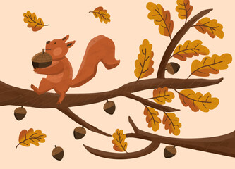 Autumn Squirrel's Acorn Feast: A charming squirrel, perched on a sturdy branch, clutches a sizable acorn, surrounded by falling leaves and ripening acorns, evoking a cozy autumn ambiance.