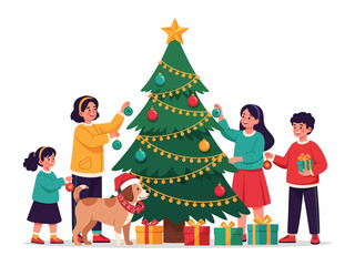 Family Decorating Christmas Tree: A heartwarming scene unfolds as a family collaboratively adorns a Christmas tree with ornaments. The scene exudes a festive ambiance, symbolizing unity, joy.