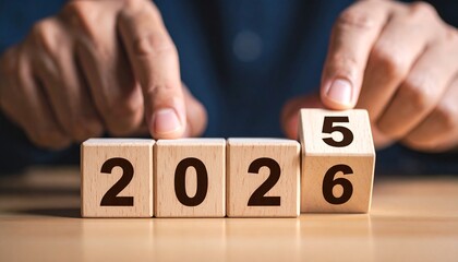 Hand placing a wooden block with number 5 to 6 change year 2025 to 2026 on a grey background.