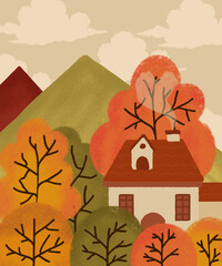 Cozy Autumn Cottage in the Landscape: An artistic illustration shows a charming cottage nestled amidst the vibrant colors of an autumn landscape, embodying the serene beauty and warmth of the season.