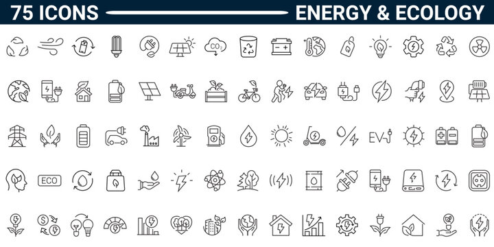 Set of 75 outline icons related to energy, ecology. Linear icon collection. Editable stroke. Vector illustration. Pictograms and infographics for mobile apps. 