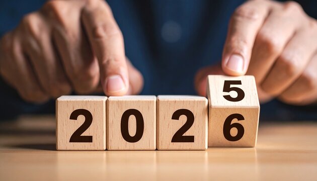 Hand placing a wooden block with number 5 to 6 change year 2025 to 2026 on a grey background.