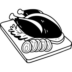 Vector art of roasted turkey on a cutting board with onion and herb, perfect for thanksgiving dinner or holiday celebration