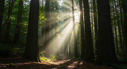 Sunlight streams through a forest path, illuminating a serene and tranquil woodland scene.