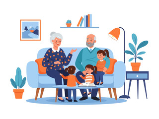 Family Time at Home: Charming illustration showcases grandparents and grandchildren enjoying precious moments together, emphasizing family connection and home life.