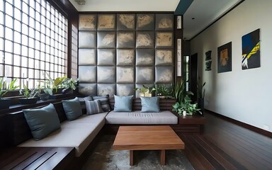 Corner sofa positioned near a grid window and grunge stone panel wall, creating a unique interior design for a modern living room. home interior design.