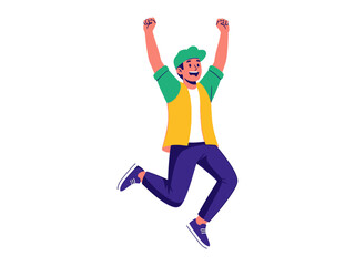 Joyful Jump of Triumph: Illustrative vibrant depiction of a man celebrating success with arms raised high in a joyful leap. Evoking a sense of pure achievement, exuding energy, triumph.