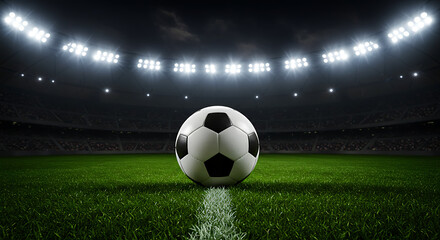 Obraz premium A football sits on a vibrant green pitch, beneath the brilliant stadium lights, waiting for kickoff.