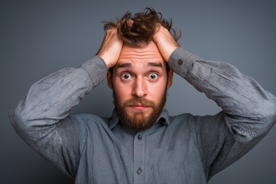 Man in distress, eyes wide, pulling hair in exasperation, feeling overwhelmed by stress