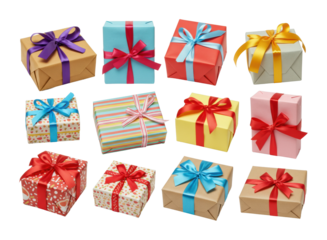 Gift-wrapped boxes for special occasions studio setting high-quality bright colors top celebration concept isolated PNG