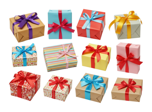 Gift-wrapped boxes for special occasions studio setting high-quality bright colors top celebration concept isolated PNG