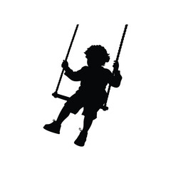 Silhouette of a curly haired child swinging happily on a rope swing, child swinging swing silhouette vector illustration